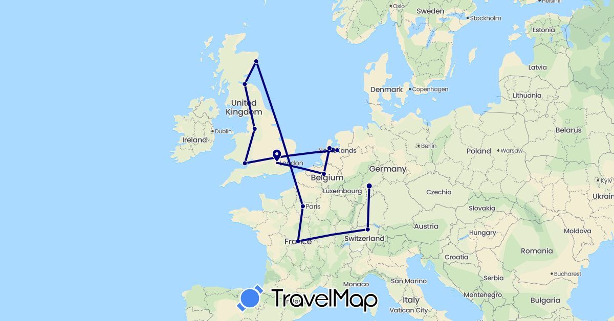 TravelMap itinerary: driving in Belgium, Switzerland, Germany, France, United Kingdom, Netherlands (Europe)